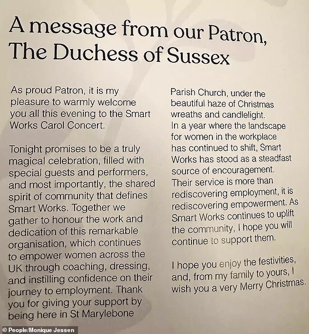 Meghan's remarks were shared in the programme for UK charity Smart Works' carol service at St Marylebone Parish Church on Tuesday