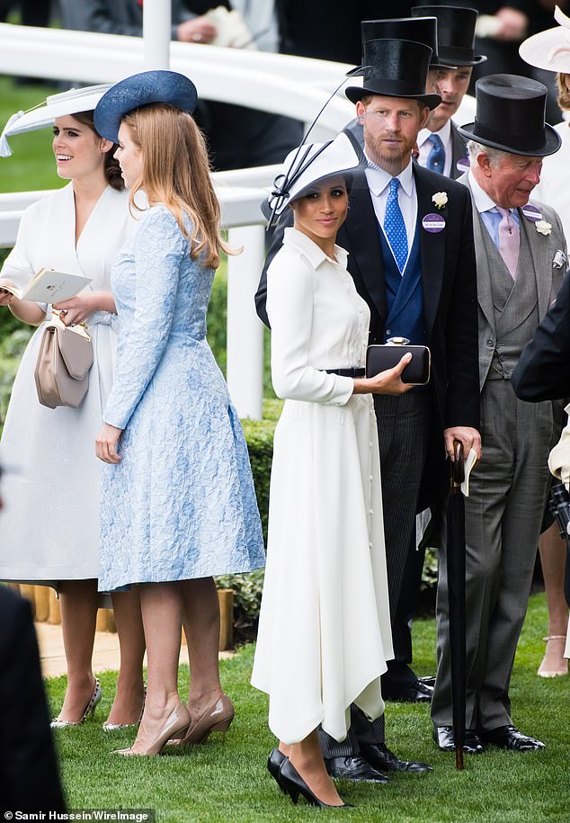 Making her Royal Ascot debut in 2018, Meghan donned an ivory shirt dress by Givenchy, teamed with simple accessories