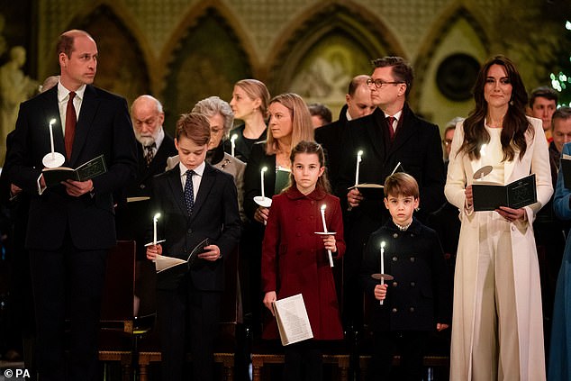 The Prince of Wales, Prince George, Princess Charlotte, Prince Louis and the Princess of Wales during the Royal Carols - Together At Christmas service at Westminster Abbey last year