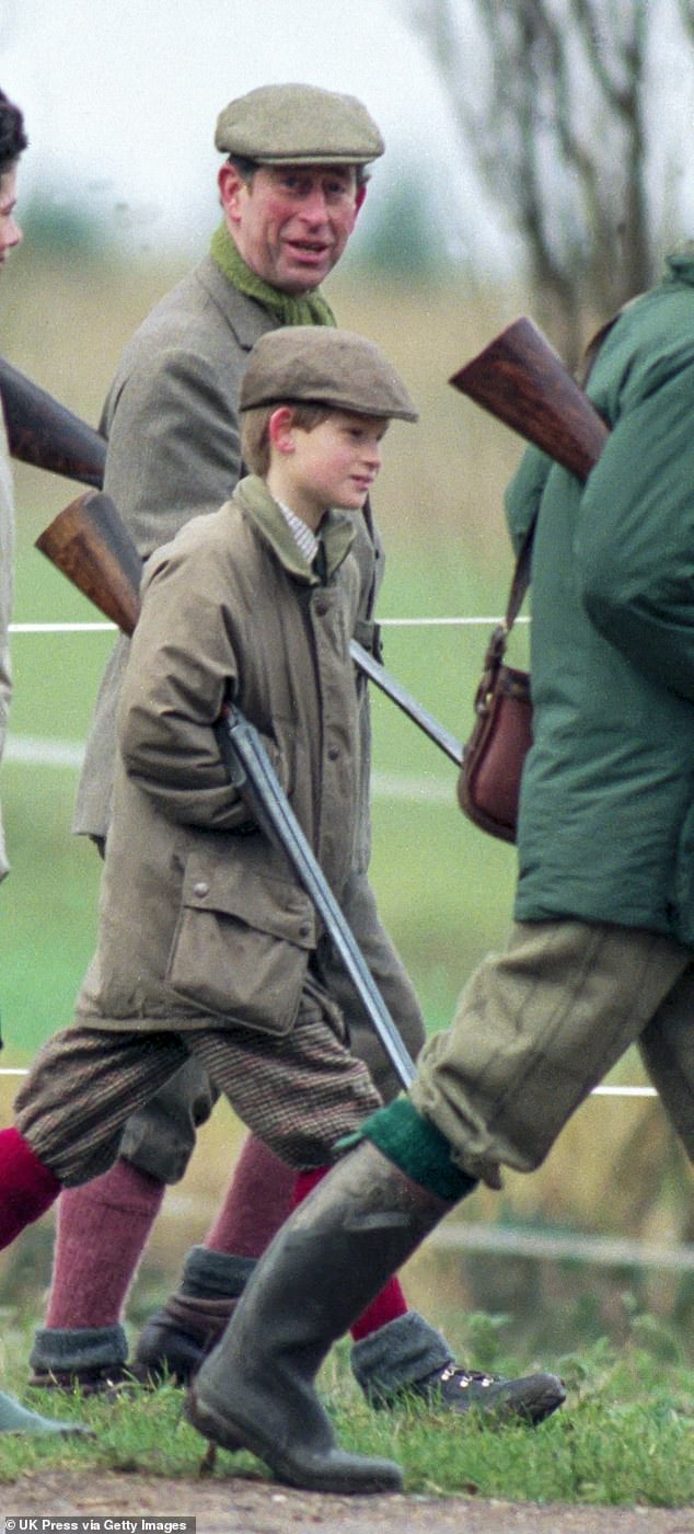 The prince was regularly taken shooting as a boy. Pictured: Harry and Charles take part in a shoot at Sandringham on November 30, 1996