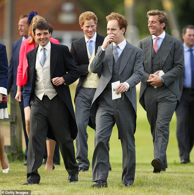 Prince Harry and friends, including Tom 'Skippy' Inskip (centre right) attend the wedding of a mutual friend on September 14, 2013