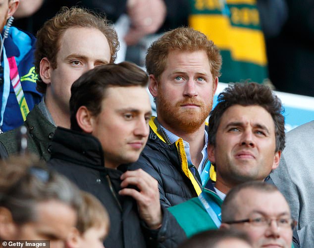 Prince Harry with friends Tom Inskip, Charlie van Straubenzee, and Thomas van Straubenzee at a 2015 Rugby World Cup semi final match at Twickenham in October 2015