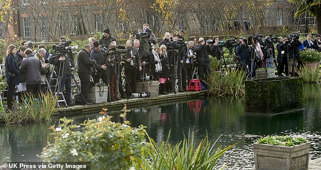 The assembled media during the official photo call to announce the engagement of Prince Harry and Meghan Markle