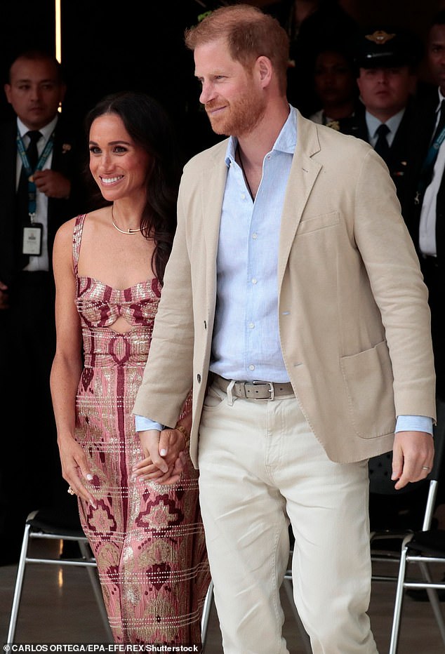 Pictured: the Duke and Duchess of Sussex during their quasi-royal tour of Colombia earlier this year. Since quitting their royal duties in 2020, the Duke and Duchess of Sussex have spoken out several times about how Meghan struggled to adapt to life in the Royal Family