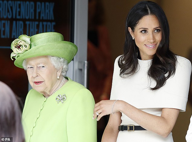 Meghan is pictured on her first engagement, a visit to Chester with Her Majesty in June 2018