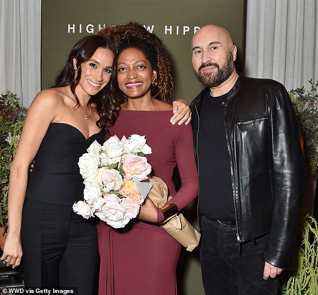 The Duchess of Sussex (pictured left), 43, supported her friend and A-lister hairdresser Kadi Lee (picture centre) in Venice, California on November 14 at a glitzy launch event. Pictured right, celeb hairstylist Serge Normant