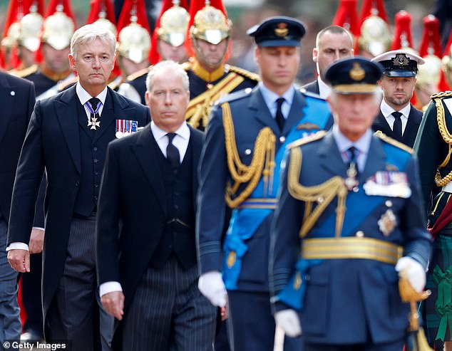 Sir Clive Alderton, David Armstrong-Jones, 2nd Earl of Snowdon, Prince William and King Charles III walk behind Queen Elizabeth II's coffin as it is transported on a gun carriage from Buckingham Palace on September 14, 2022