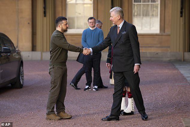 Ukrainian President Volodymyr Zelensky is greeted by Sir Clive on February 8, 2023