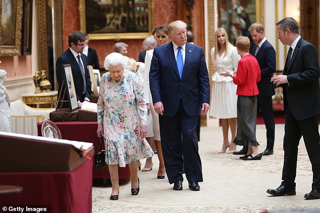 The re-elected President is seen here beside the Queen during a visit to the UK in 2019. He was challenged for walking in front of Her Majesty