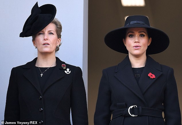 Pictured: Meghan Markle with the Duchess of Edinburgh at the Remembrance Day Service in London in November 2019. The Duchess reportedly dismissed the late Queen's suggestion that Sophie become her mentor