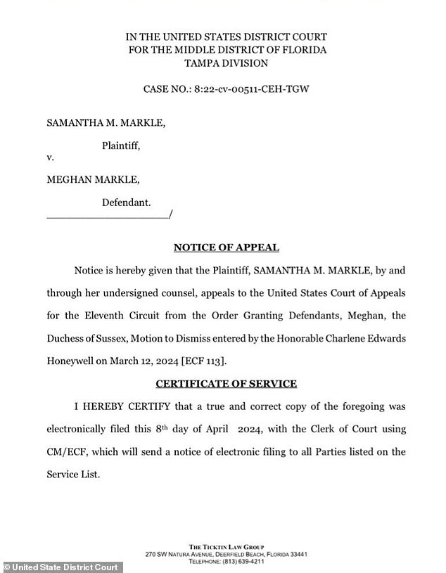 The appeal filed by Samantha Markle's lawyer in April to continue the case