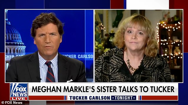 Samantha Markle appearing on then Fox News anchor Tucker Carlson's show to talk about her sister