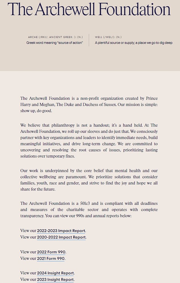 Archewell's website has its 2021 and 2022 990 tax return forms publicly available but not its latest one from 2023. Above the documents the charity has released, it reads: 'The Archewell Foundation... operates with complete transparency'