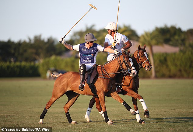 Prince Harry is pictured playing polo at the event in Florida in April 2024