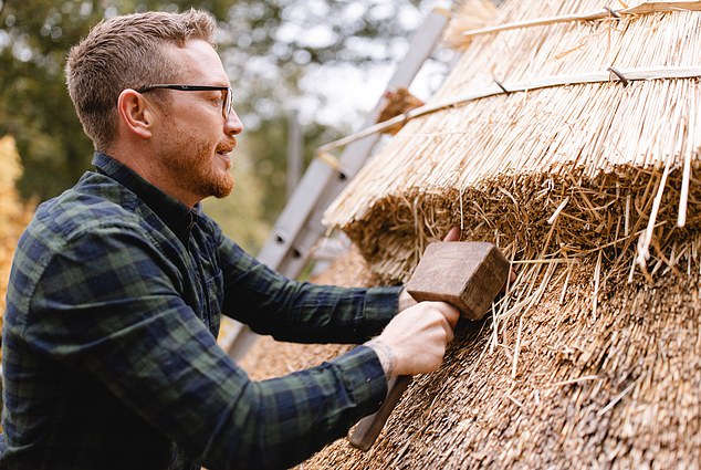 For the treehouse at Highgrove Ben used combed wheat reed for the thatch and Hazel spars to fix the reeds in place