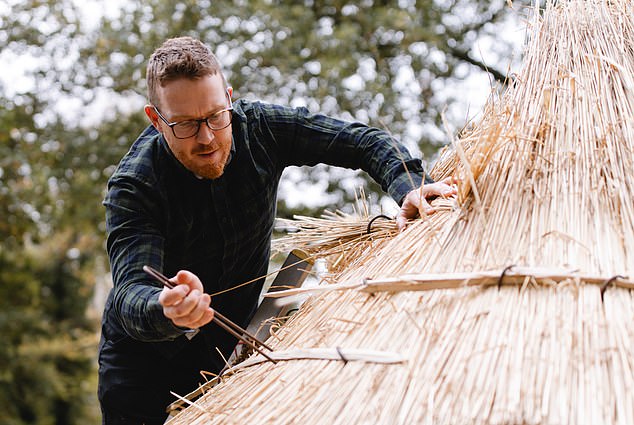 For the treehouse at Highgrove Ben used combed wheat reed for the thatch and Hazel spars to fix the reeds in place