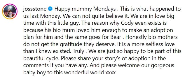 The British singer wrote in the caption: 'Happy mummy Mondays. This is what happened to us last Monday. We can not quite believe it. We are in love big time with this little guy'