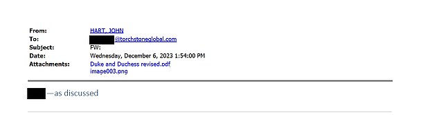 Then, on December 6, 2023, Hart sent the second letter to TorchStone, the private security firm used by the Duke. This time the document was titled 'Duke and Duchess Revised'. Hart wrote in the subject line 'as discussed'