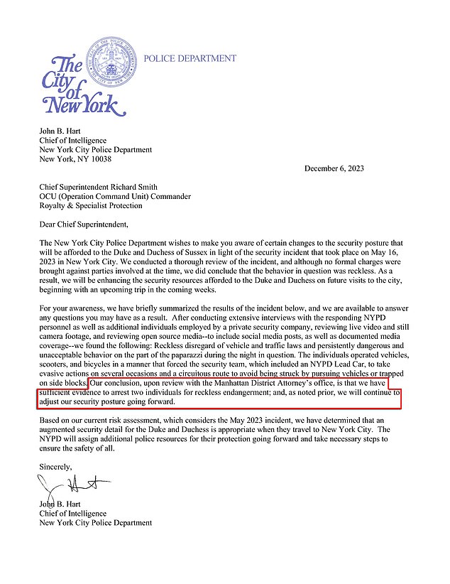 The letter was the same as the first one except for one key difference - this time the NYPD said tthere ws 'sufficient evidence' to arrest two people