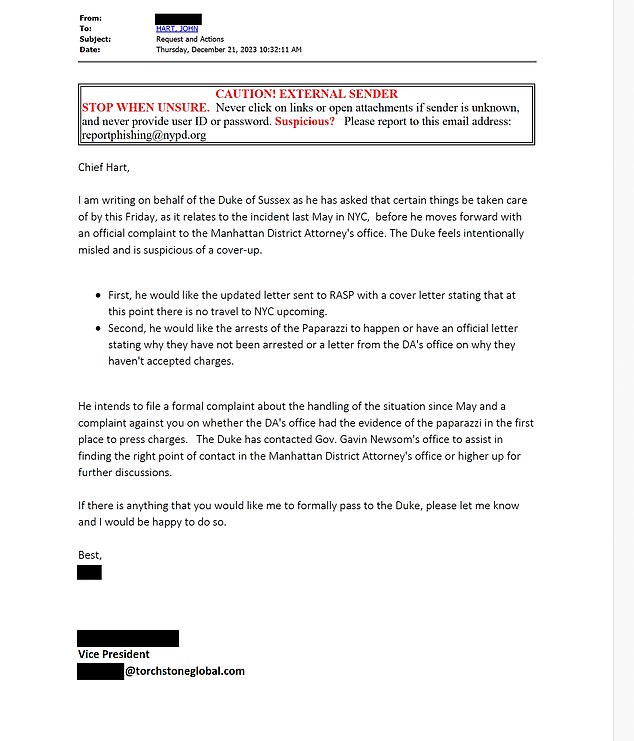 TorchStone sent a letter to Hart on December 21, 2023, expressing the Duke's frustration over the lack of action the NYPD has taken now that probable cause was established. The representative stated Prince Harry felt 'intentionally misled and is suspicious of a cover-up'