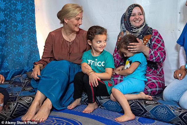 Sophie, then Countess of Wessex, paying a visit to Syrian refugees displaced by conflict in 2019