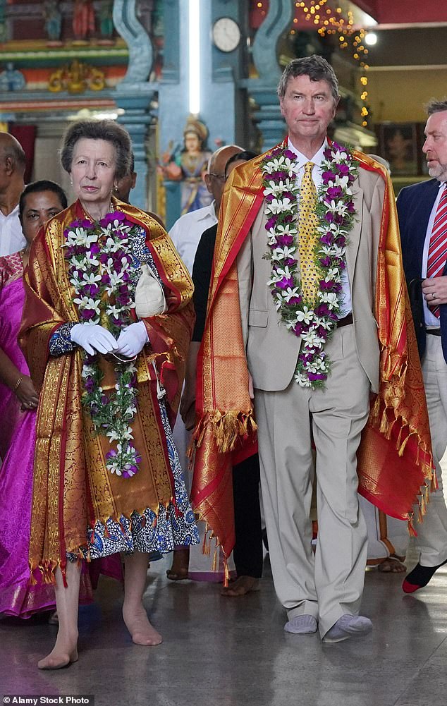 Princess Anne walking without her shoes during a visit to Vajira Pillayar Kovil Hindu temple in Colombo, Sri Lanka, earlier this year