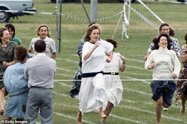 Princess Diana running barefoot during Prince William's sports day in 1989