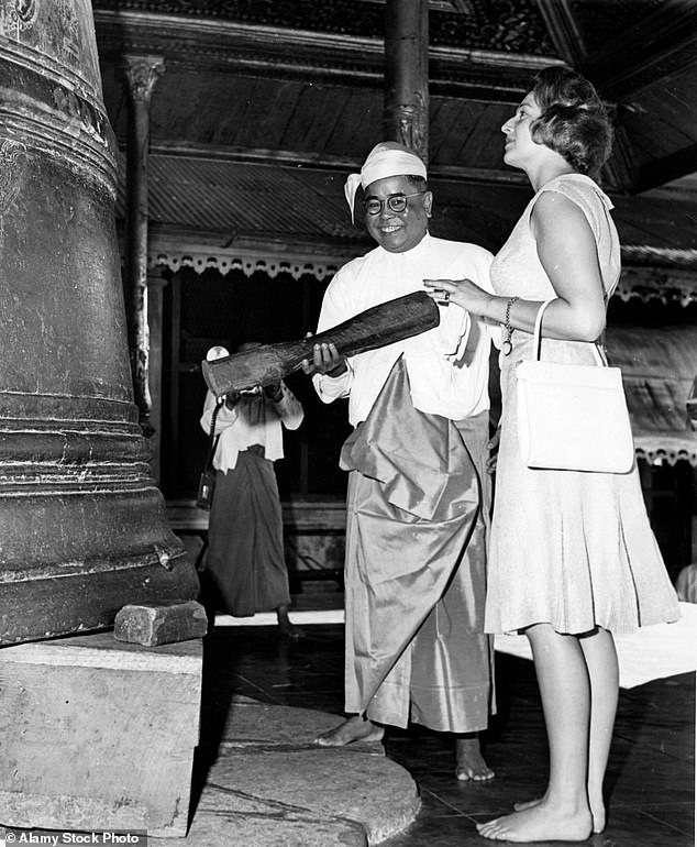 Princess Alexandra of Kent in the sacred Shwe Dagon Temple where shoes and sandals were not allowed in 1961