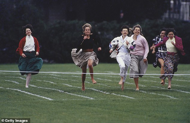 The late Princess of Wales running again during Prince Harry's sports day in 1991