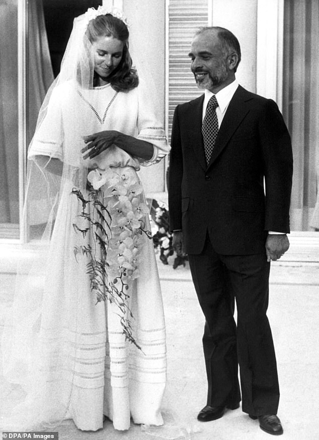 Hussein Ibn Talal, King of Jordan and his bride, the former American Lisa Halaby, are all smiles after being wed in 1978 in Amman. Hussein proclaimed Lisa Queen Noor instead of naming her a princess