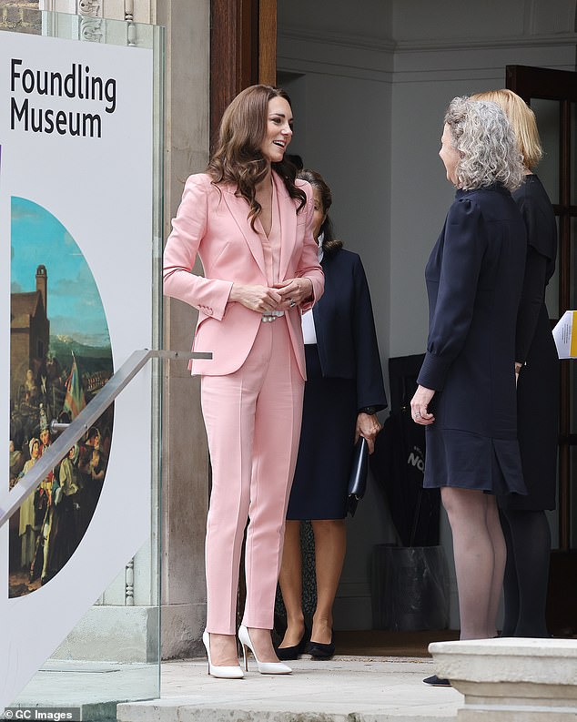 Kate, wearing a blush pink suit, visiting the Foundling Museum in London last May