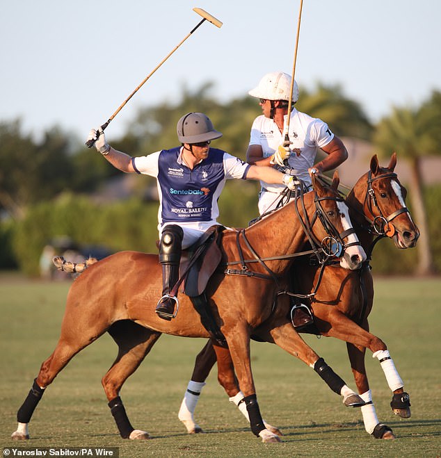 The Duke of Sussex is seen playing in a polo match during the Royal Salute Polo Challenge in Florida in April