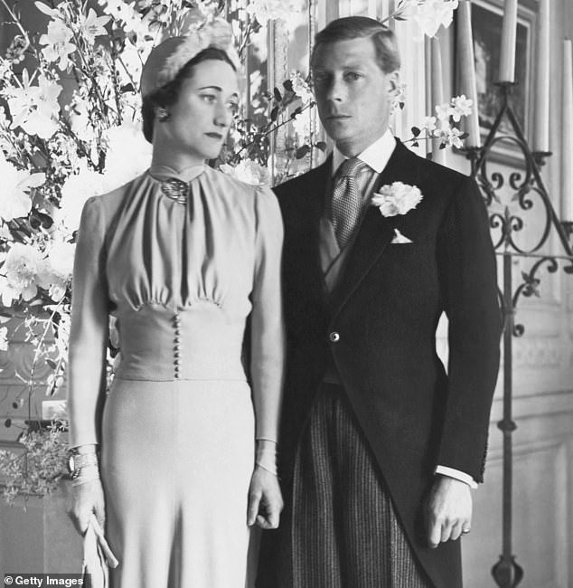 Edward VIII and Wallis Simpson pose for a portrait after their wedding at the Chateau de Cande, in Monts, France, on June 3, 1937. Simpson chose a pale blue dress rather than a white one