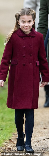 For the Christmas Day service in 2022 (left), Charlotte introduced a burgundy Trotters coat with tonal velvet trims on the collar, pockets and buttons, which soon became a favourite