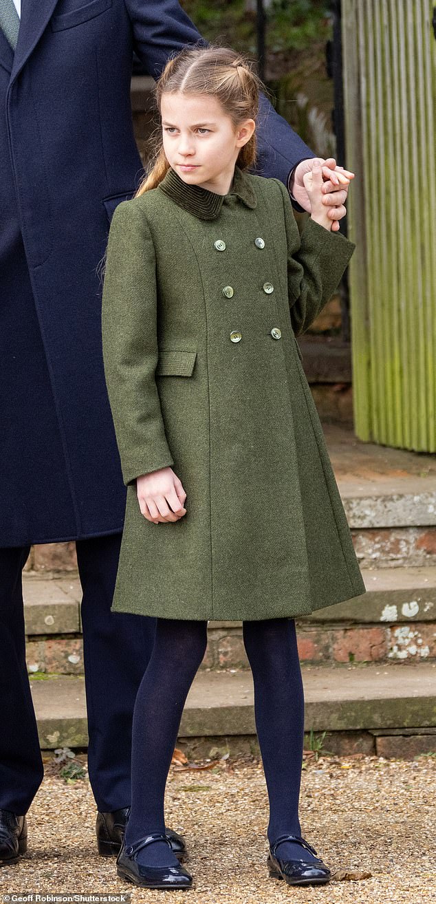 Charlotte showcased her penchant for traditional style again in 2023, arriving at church in an olive green Friki coat, paired with her trusty Papouelli shoes