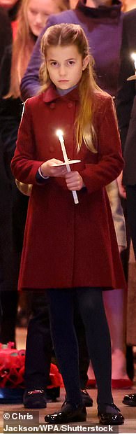 She repeated this coat for the Together at Christmas Carol Service at Westminster Abbey the following year, swapping her Rachel Riley patent shoes for a similar pair by Papouelli