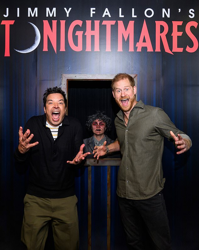 Prince Harry and Jimmy Fallon taking part in an unusual horror maze segment on US television