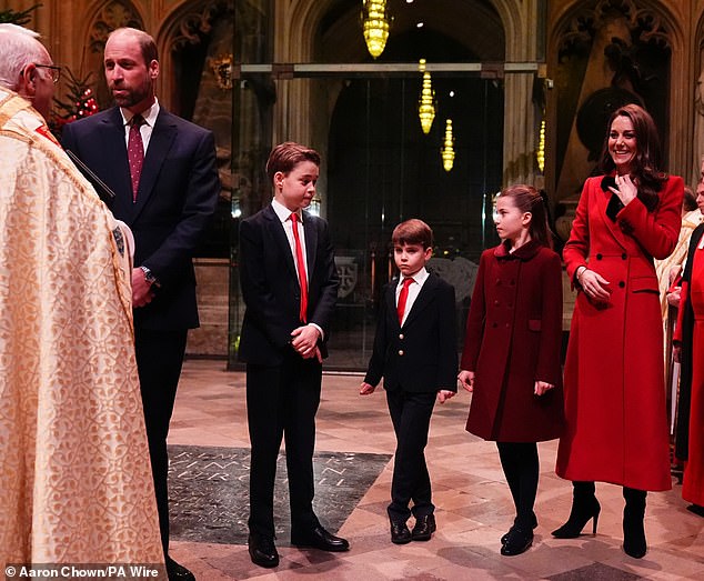 Support: Viewers will see the Prince and Princess of Wales and their children, from left, Prince George, Prince Louis and Princess Charlotte, arrive for the Together At Christmas carol service