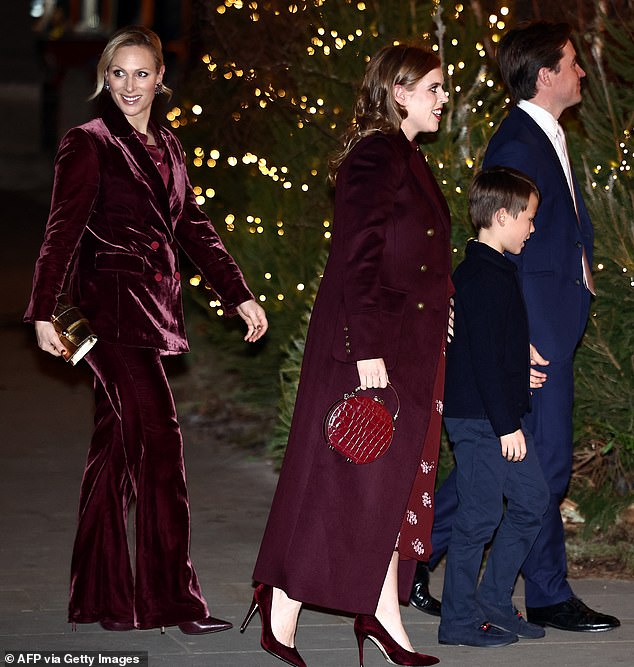 Other royals also in attendance included Zara Tindall, left, alongside her pregnant cousin Princess Beatrice, right, and her husband Edo Mapelli Mozzi and his young son Wolfie