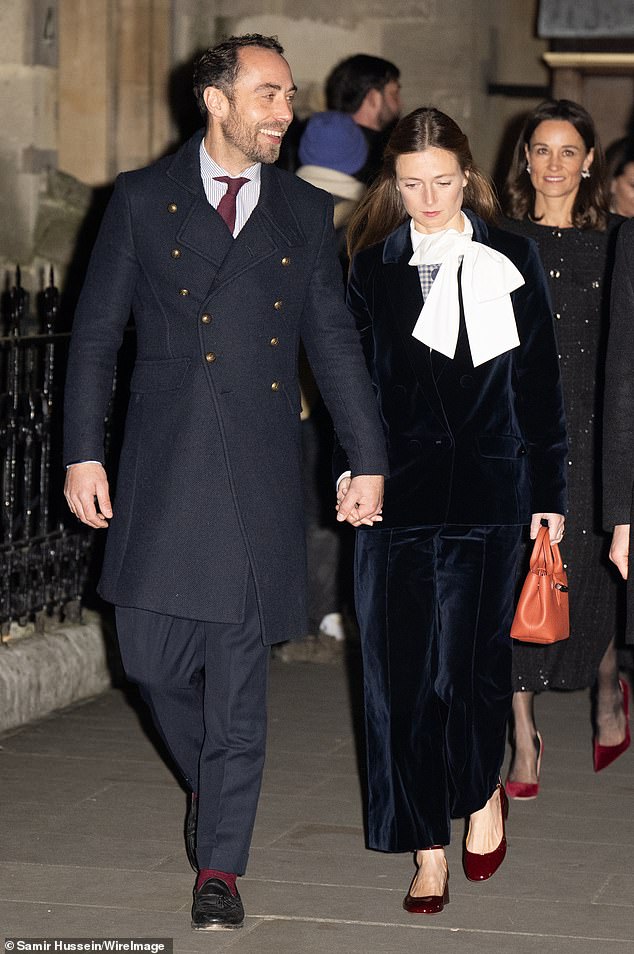 James Middleton and his wife Alizee Thevenet matched in navy and burgundy outfits today