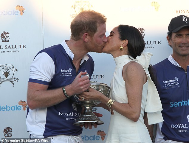 Meghan planted a kiss on Harry after his team the Royal Salute Sentebale won the charity match featured in episode five of the docu-series