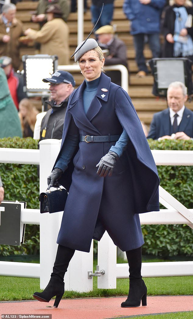 At Cheltenham Festival, Zara displayed her refined sensibility in a Italian wool-blend caped coat from Karen Millen