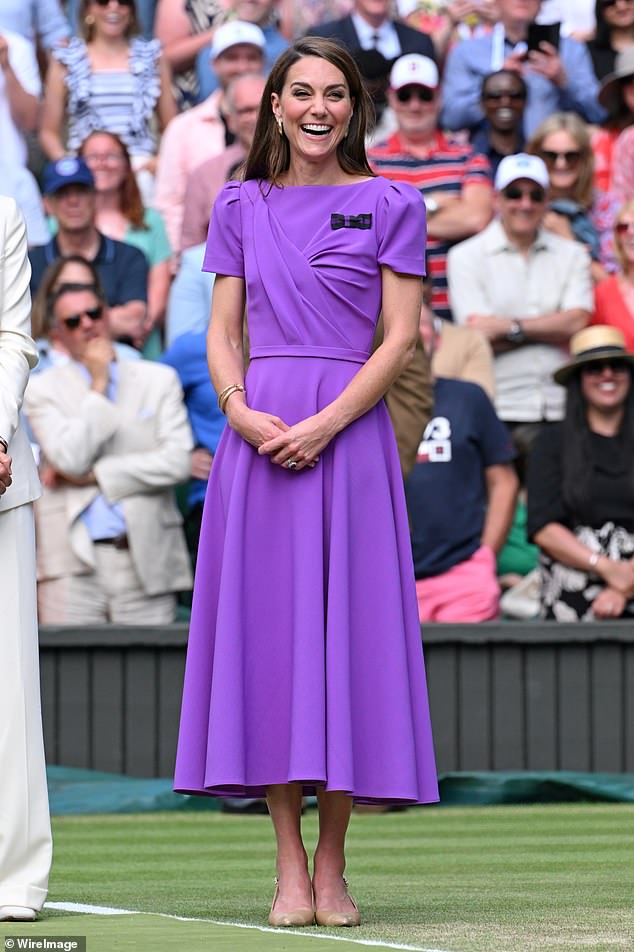 The Princess of Wales appeared radiant at the Wimbledon men's singles final, wearing an exquisite Safiyaa dress