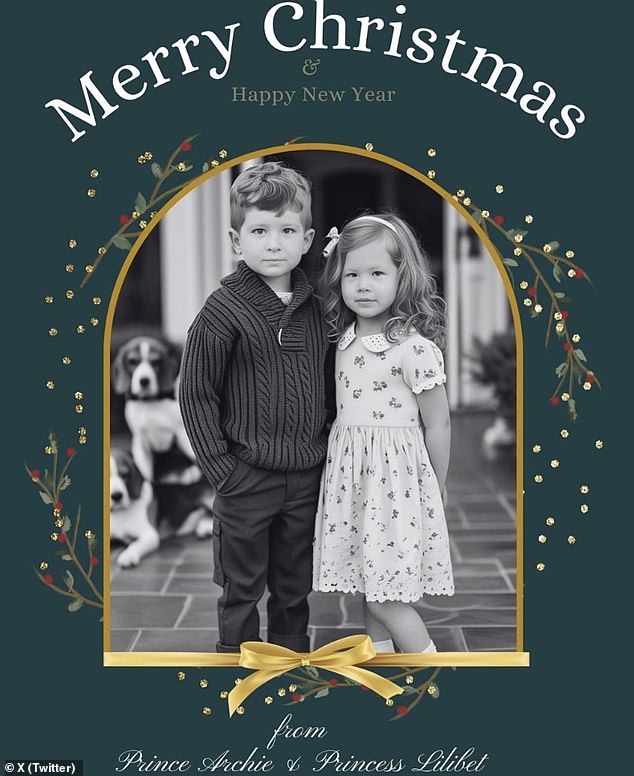 The digital card - which appears to have been made on Canva Pro by the anonymous royal fan - reads: 'Merry Christmas & Happy New Year from Prince Archie & Princess Lilibet'