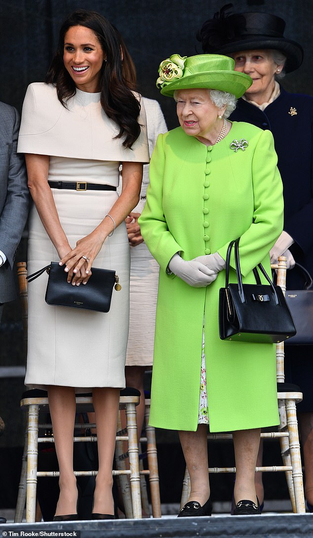 For Meghan's first royal engagement with Queen Elizabeth, she chose an ivory dress by Clare Waight Keller, the designer of her wedding gown