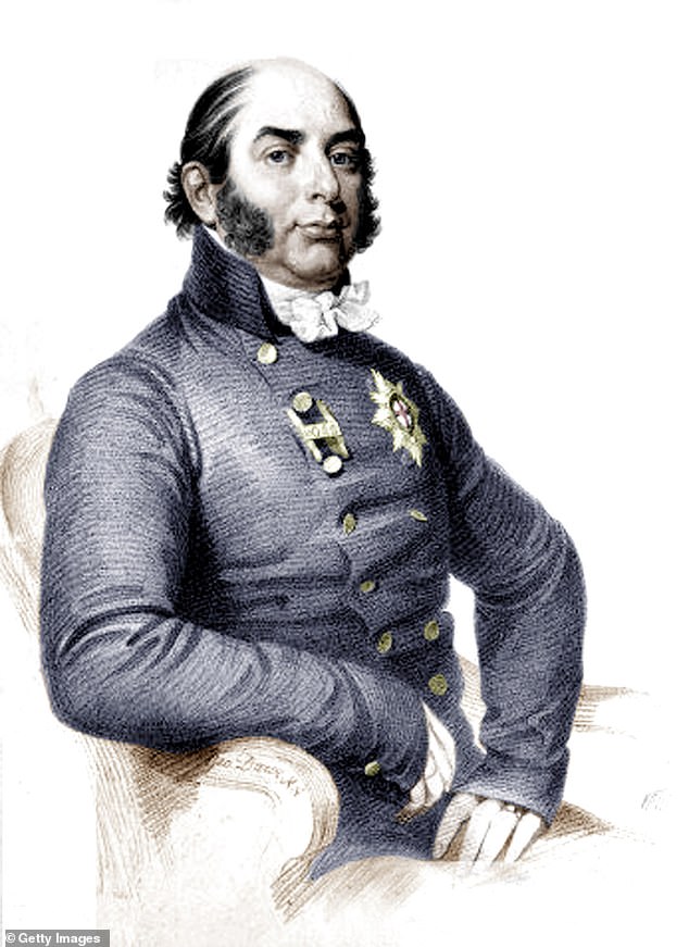 A depiction of Queen Victoria's father, Prince Edward, sporting sideburns and no hair on the top of his head