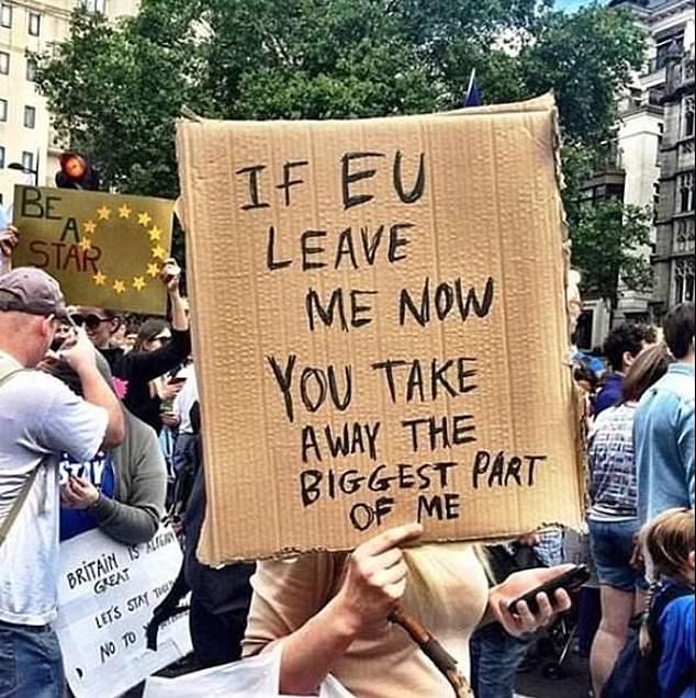 In one of her previous posts, Meghan snaps a picture of a protester after the Brexit vote. Their cardboard sign reads: 'If EU leave me now, you take away the biggest part of me'