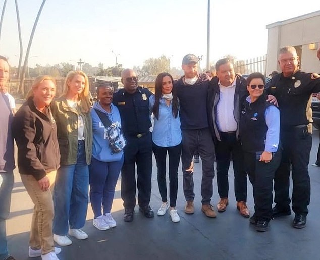 Meghan Markle and Prince Harry are pictured in LA after helping to hand out food parcels to survivors