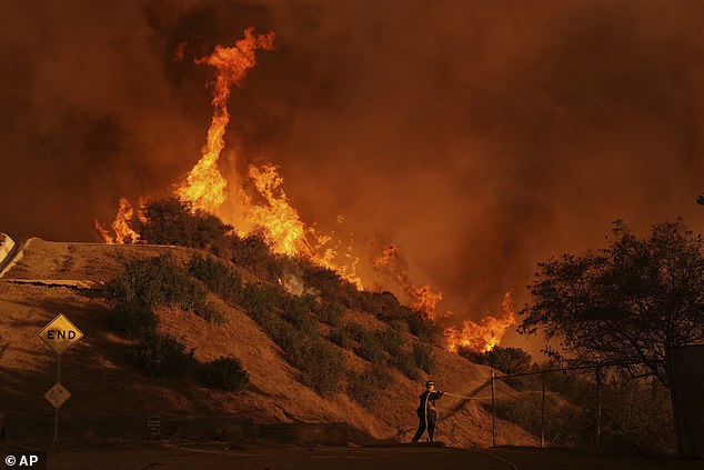 A firefighter battles the Palisades Fire in Mandeville Canyon on Saturday, January 11, 2025, in Los Angeles