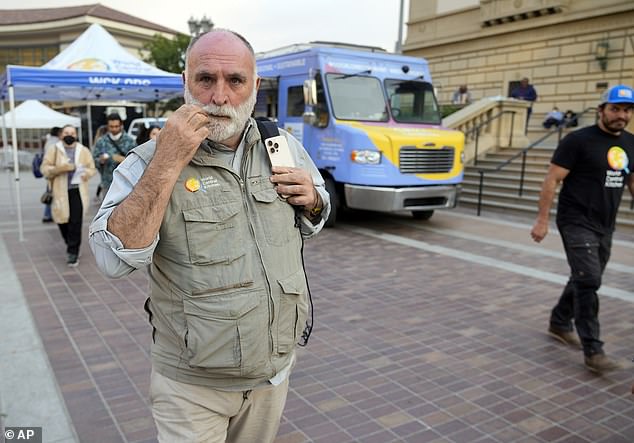 Chef Jose Andres, founder of World Central Kitchen, visits a temporary shelter for the victims of the Southern California wildfires at the Pasadena Convention Center